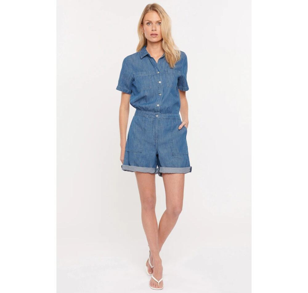 NYDJ Relaxed Denim Romper Horizon Base Blue Womens X-Large XL Jumpsuit Button Up